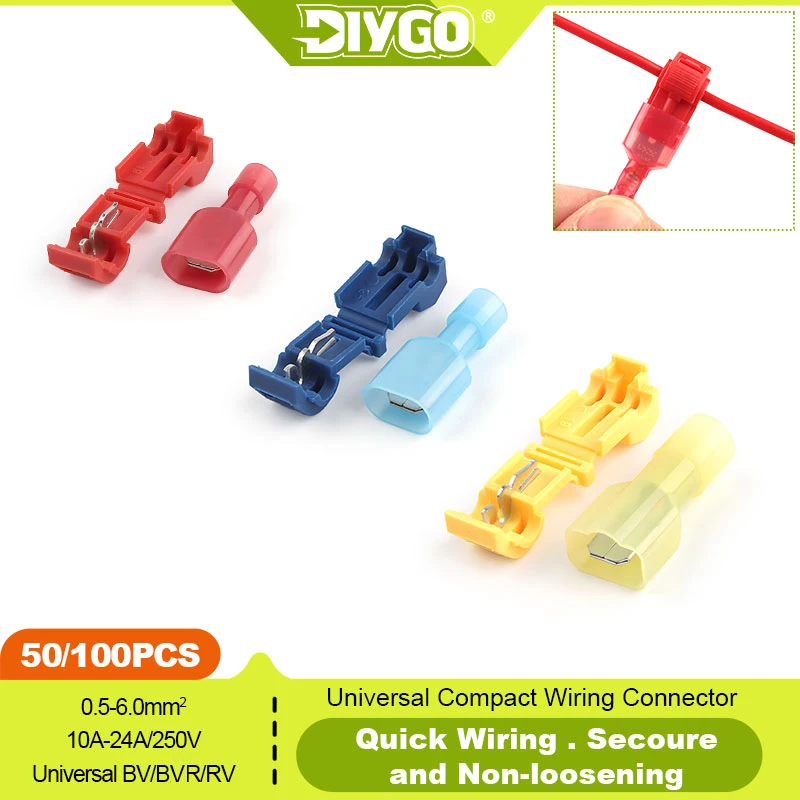 DIY GO 50/100PCS Quick Electrical Cable Connectors Snap Splice Lock Wire Terminals Crimp electric motorcycles ham radio Terminal