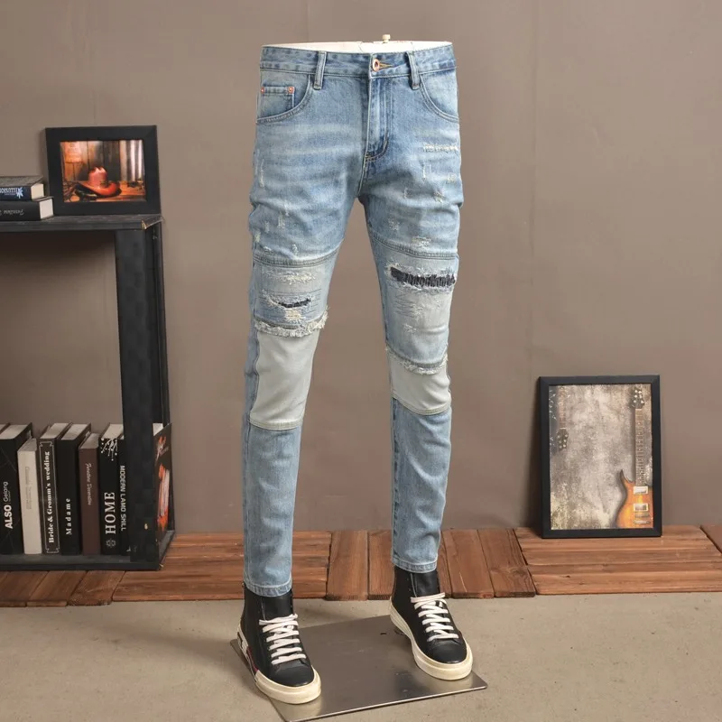 Summer Light Blue Ripped Jeans Men Streetwear Casual Patchwork Patches Pants Korean Style Fashion Slim Fit Denim Trousers