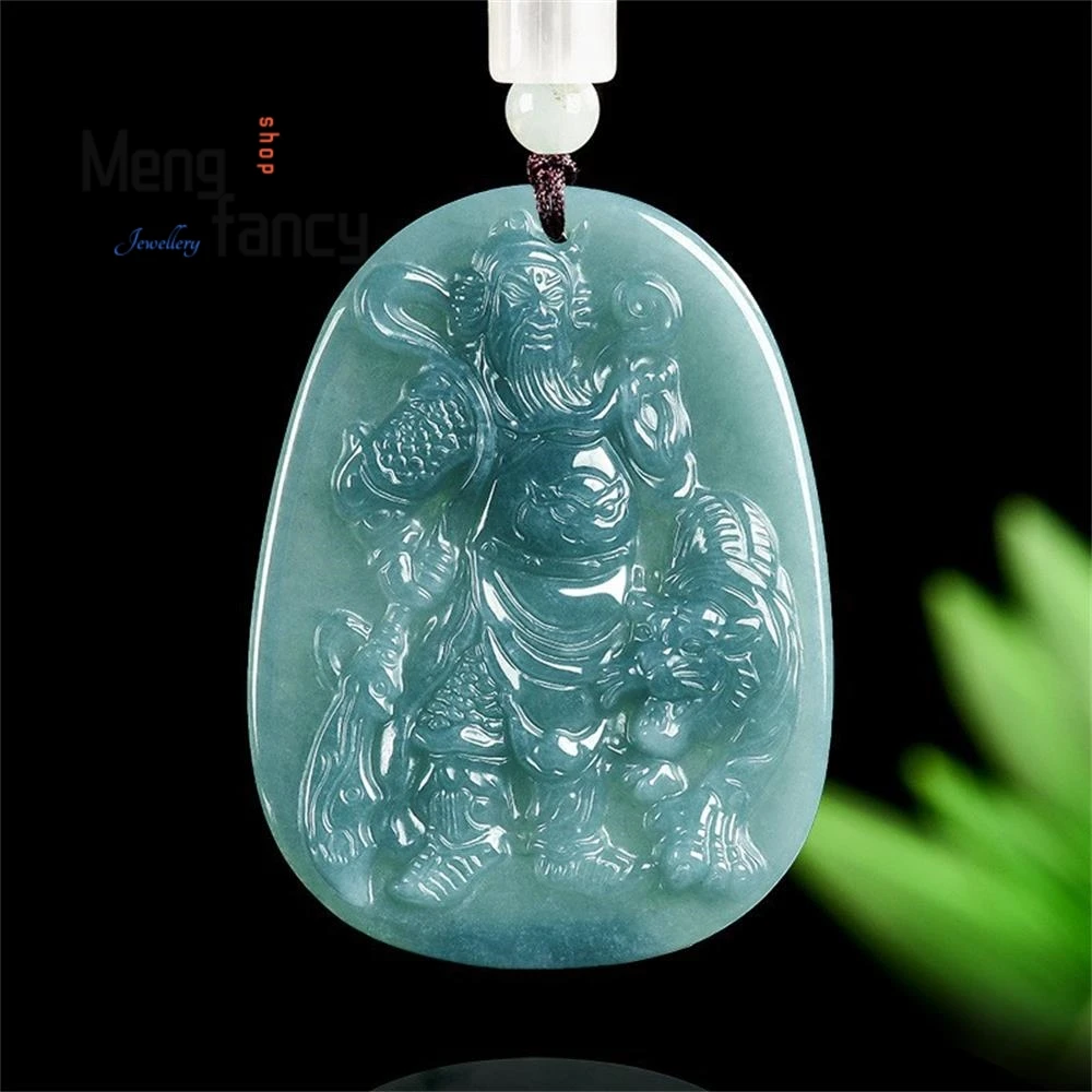 

Натуральный нефритовый кулон из жадеита класса А, синий, с изображением Гуань Гуна и У Цайшэня, высококачественное модное ювелирное изделие, популярный подарок для пар на праздники