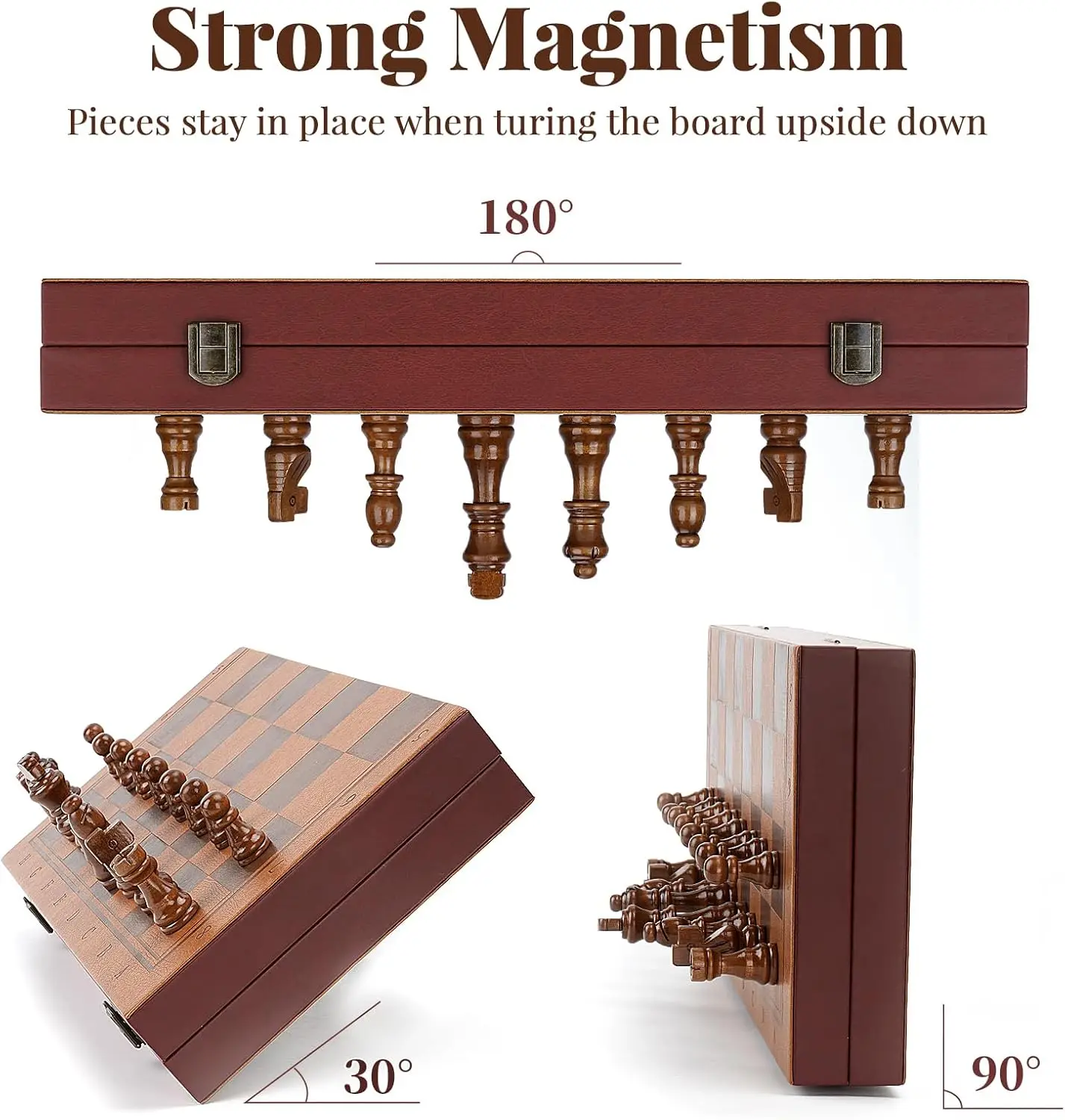 مجموعة شطرنج مغناطيسية محمولة مع لوح جلدي وقطع خشبية، لعبة شطرنج للسفر للبالغين والأطفال #4