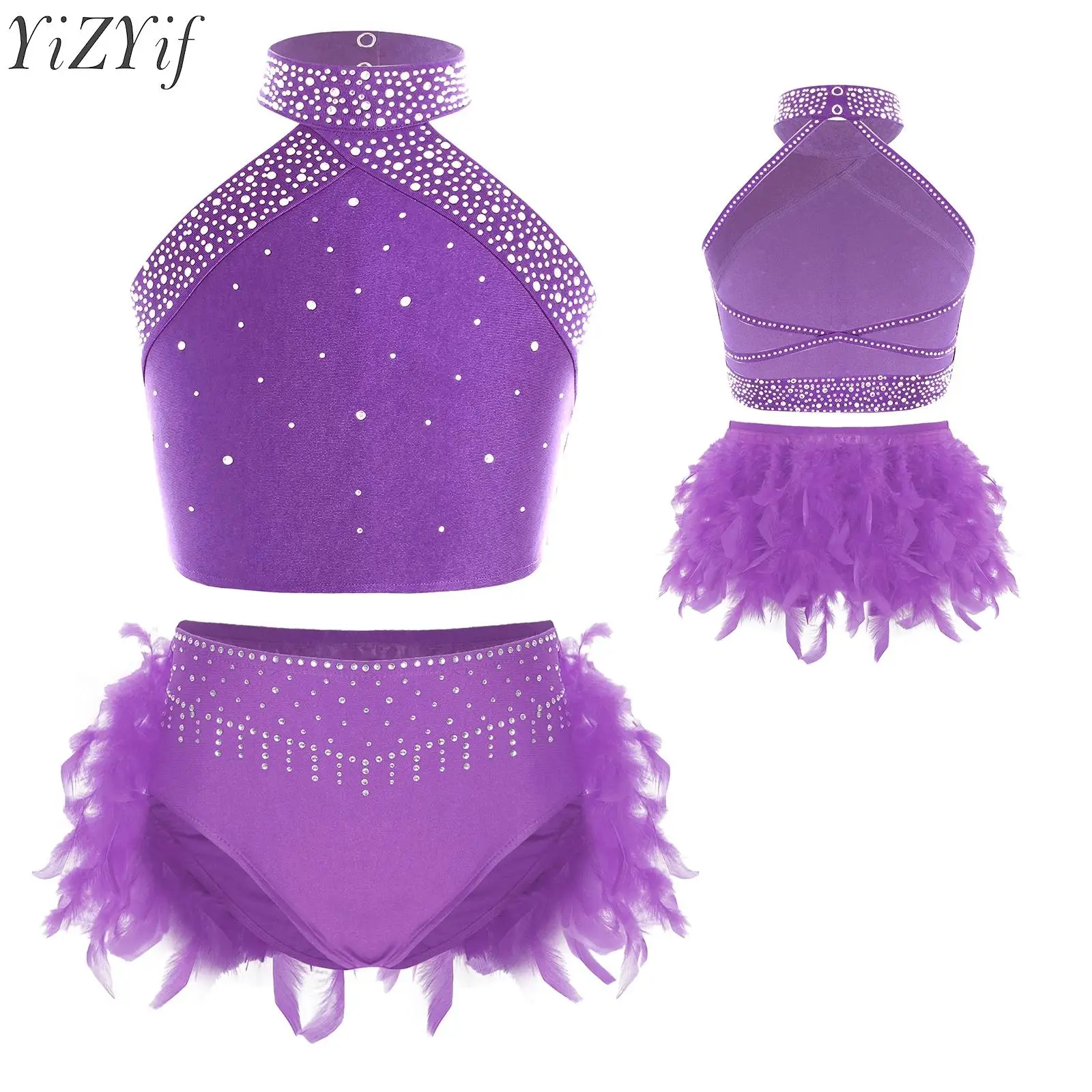 

Kids Girls Ballet Lyrical Dance Sets Figure Skating Performance Costume Backless Rhinestones Crop Top with Briefs Sports Outfits
