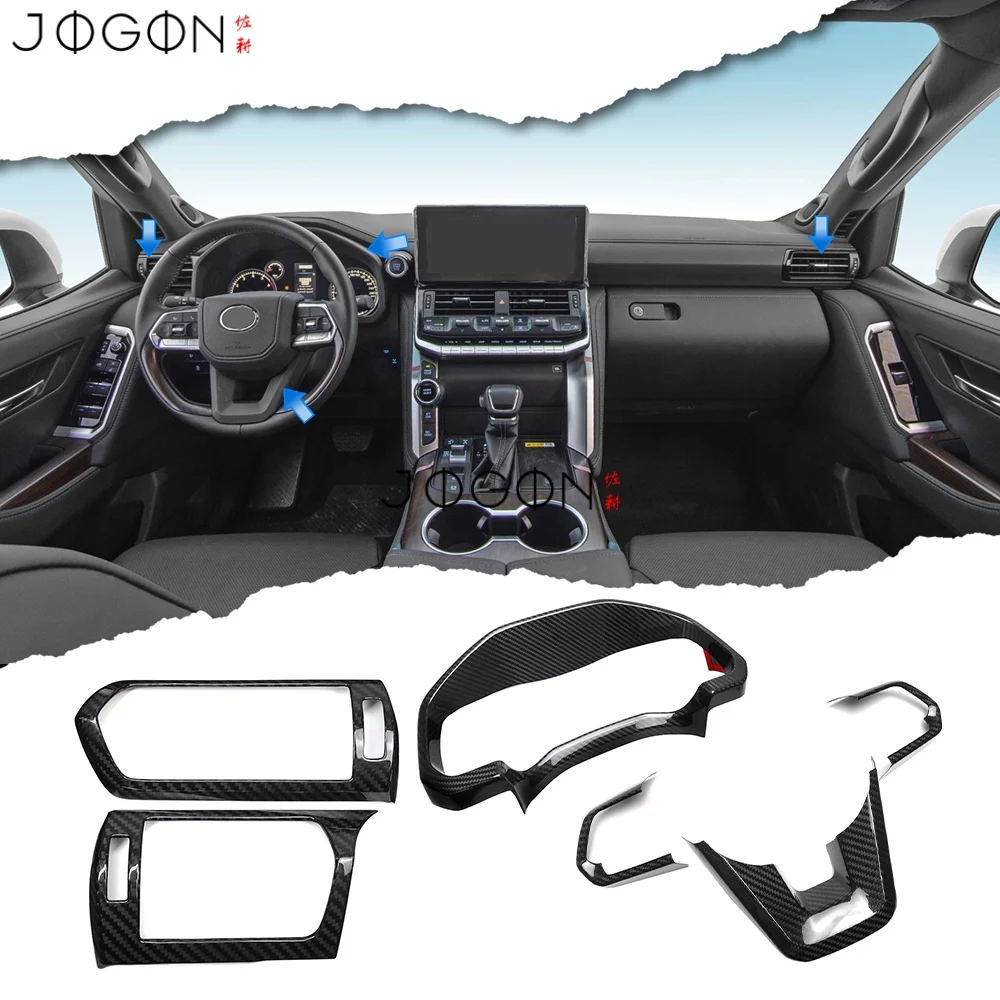 

Комплект из 6 накладок из карбона для Toyota LC300 2022-2025 (левый руль): для передних боковых воздуховодов, приборной панели, спидометра и отделки рулевого колеса