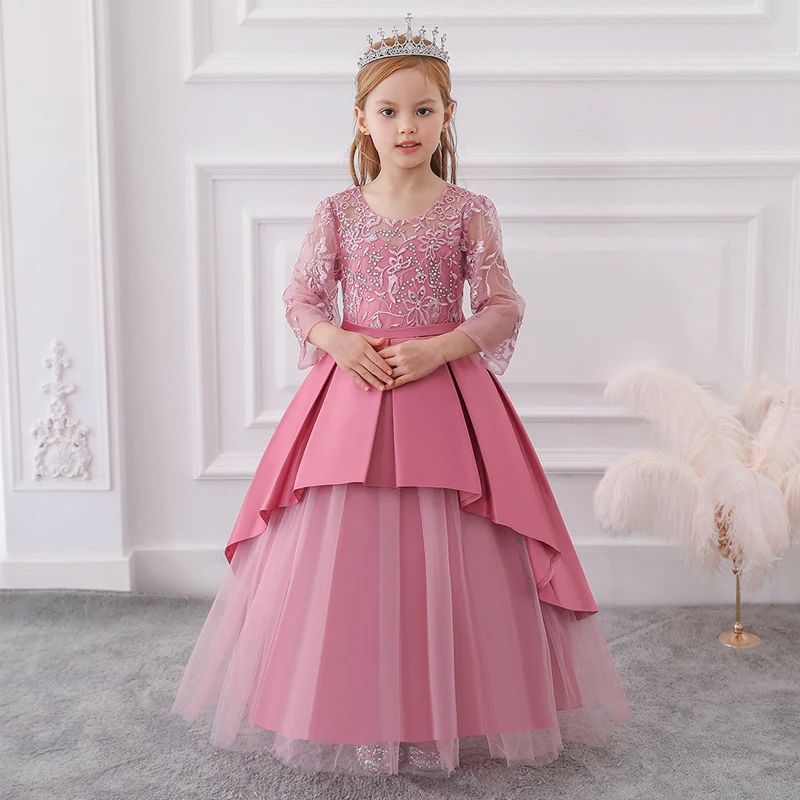 

New Style Girls Dress Middle and Big Children's Lace Bow Hollow Long-sleeved Dress Wedding Party Elegant Host Princess Dress