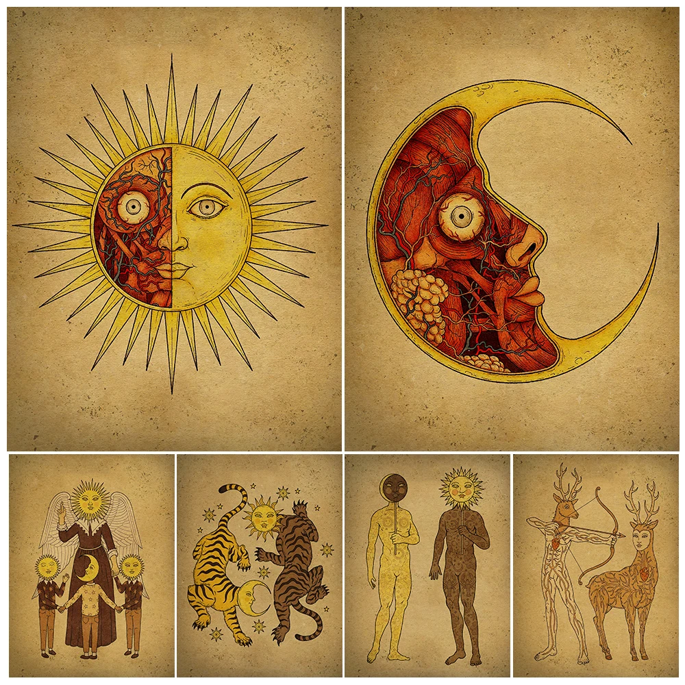 The Deconstruction Diagram Of The Sun And Moon,Wall Art Print Mysterious Ancient Alchemist Witchcraft Element Art Poster Print