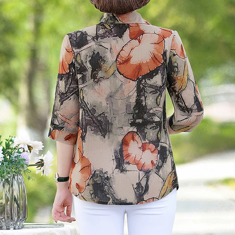 Women Floral Print Vintage Elegant Button Shirt Summer Fashion Casual Half Sleeve Loose Blouse V Neck Comfortable All Match Tops