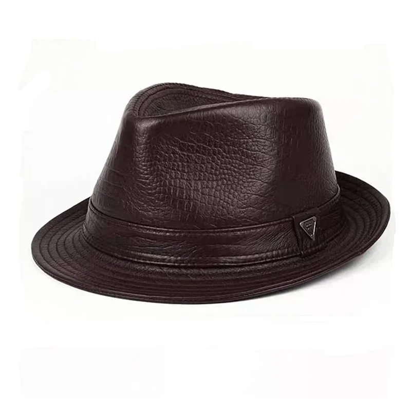 Man High Quality Genuine Leather Jazz Fedora Gentleman CowSkin Short Brim Black/Brown Fitted Top Hat Print Crocodile Pattern