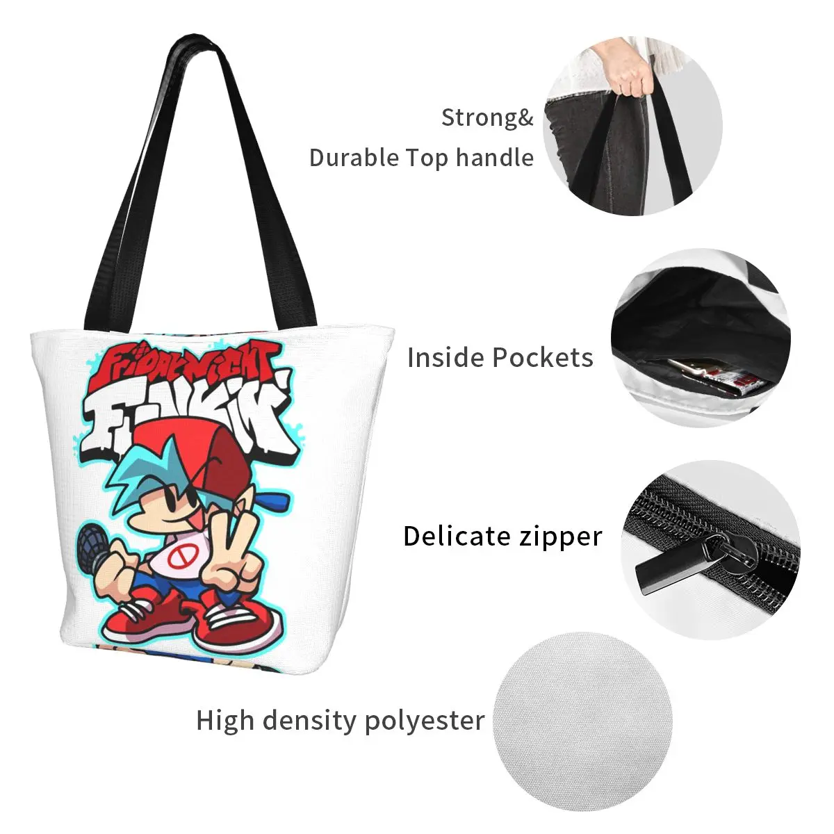 حقيبة تسوق Friday Night Funkin من القماش ذات سعة كبيرة وحقائب كتف للمتسوقين وحقيبة يد للبقالة للنساء