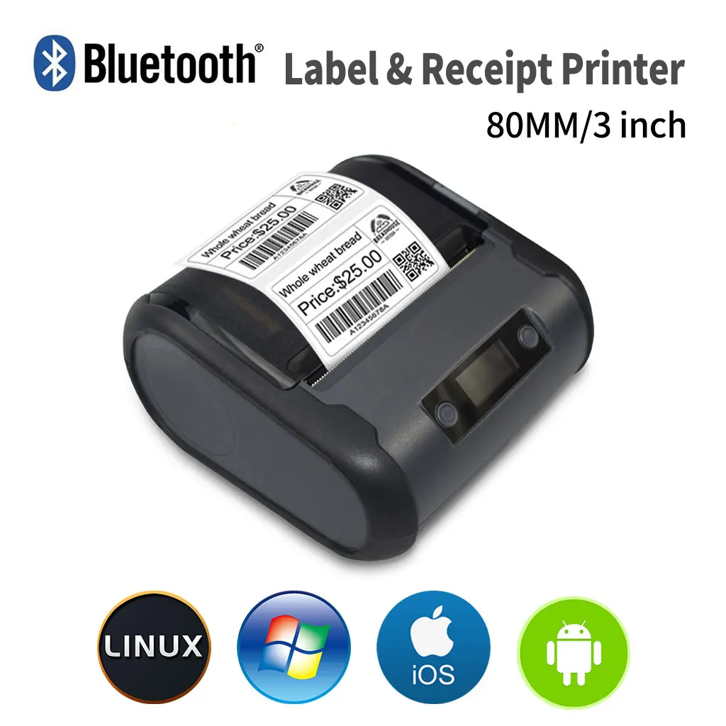 

3 inch 80mm Bluetooth Thermal Label & Receipt Printer Portable Wireless 2 in 1 Phone and Computer mobile Mini Sticker Printer