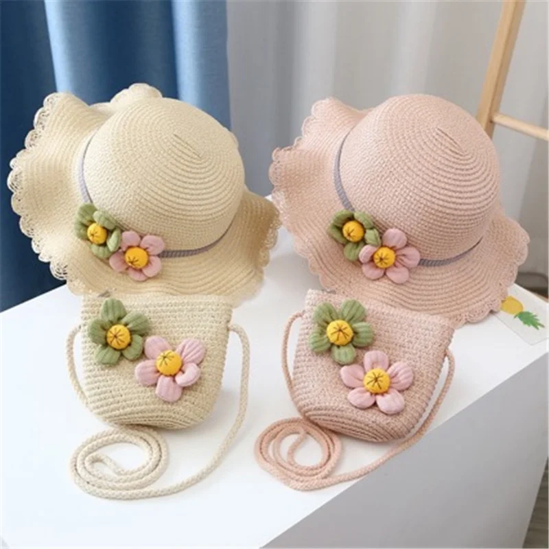 Neue 2-teilige Sommer süße Kinder Strohhut und Umhängetasche Mädchen Outdoor Strandkappe süße Schleife Reise Strand Sonnenhut Umhängetasche
