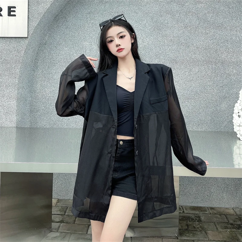 Mesh Spliced Outerwears Long Sleeve Abrigo Mujer Suit Collar Blazer Women Single Breasted Jackets Y2k Personality Ropa Mujer