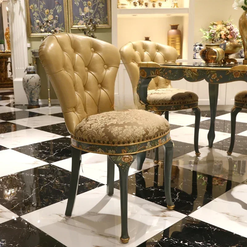 zqEuropean Style French Luxury Beautiful Gold Foil Distressed Light Blue Hand Painted Chess Table and Chair