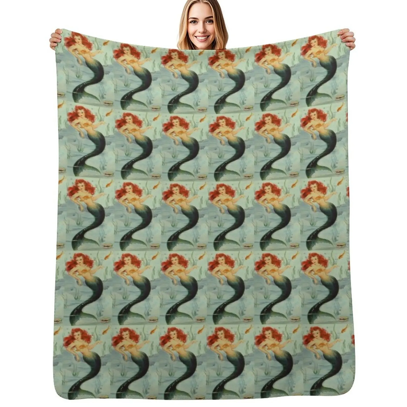 

Red Head Mermaid Vintage Painting ReMastered American Artist Beach lover Throw Blanket Luxury Designer Cute Plaid Blankets
