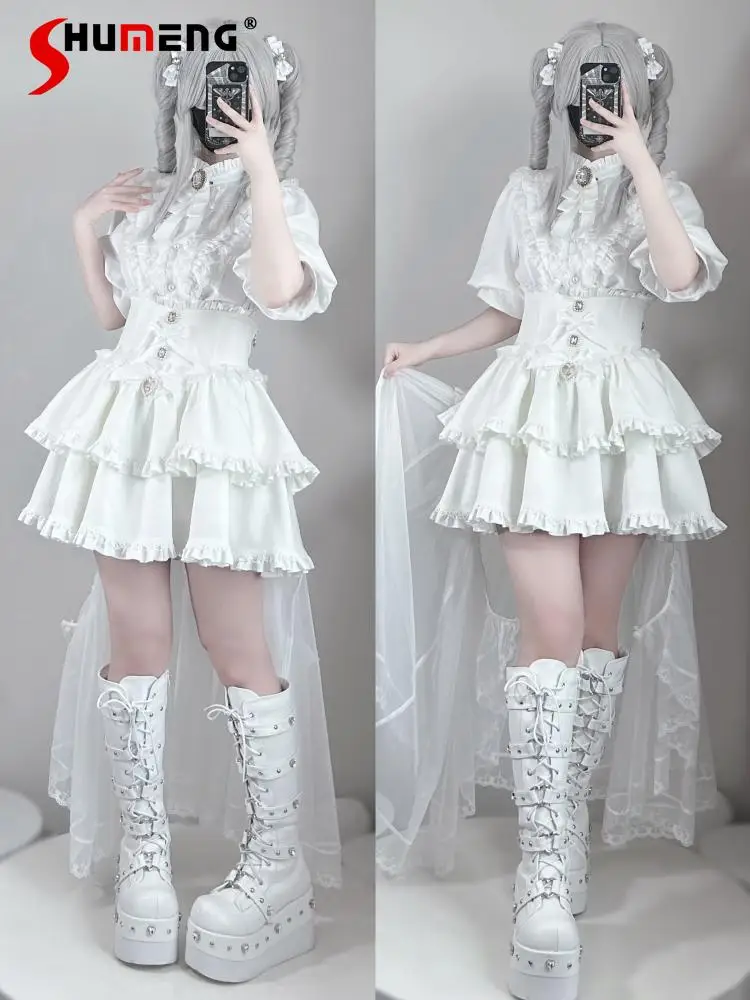 

Japanese Mine Style Gothic Stand Collar Bubble Sleeve Lace Splicing Shirt High Waist Bow Trailing Mini Skirt Two-piece Set Women
