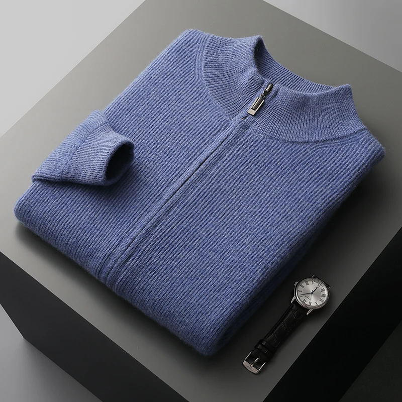 

Autumn and winter new men's coat 100% Merino wool semi high collar zipper cardigan fashionable casual loose warm knitted sweater