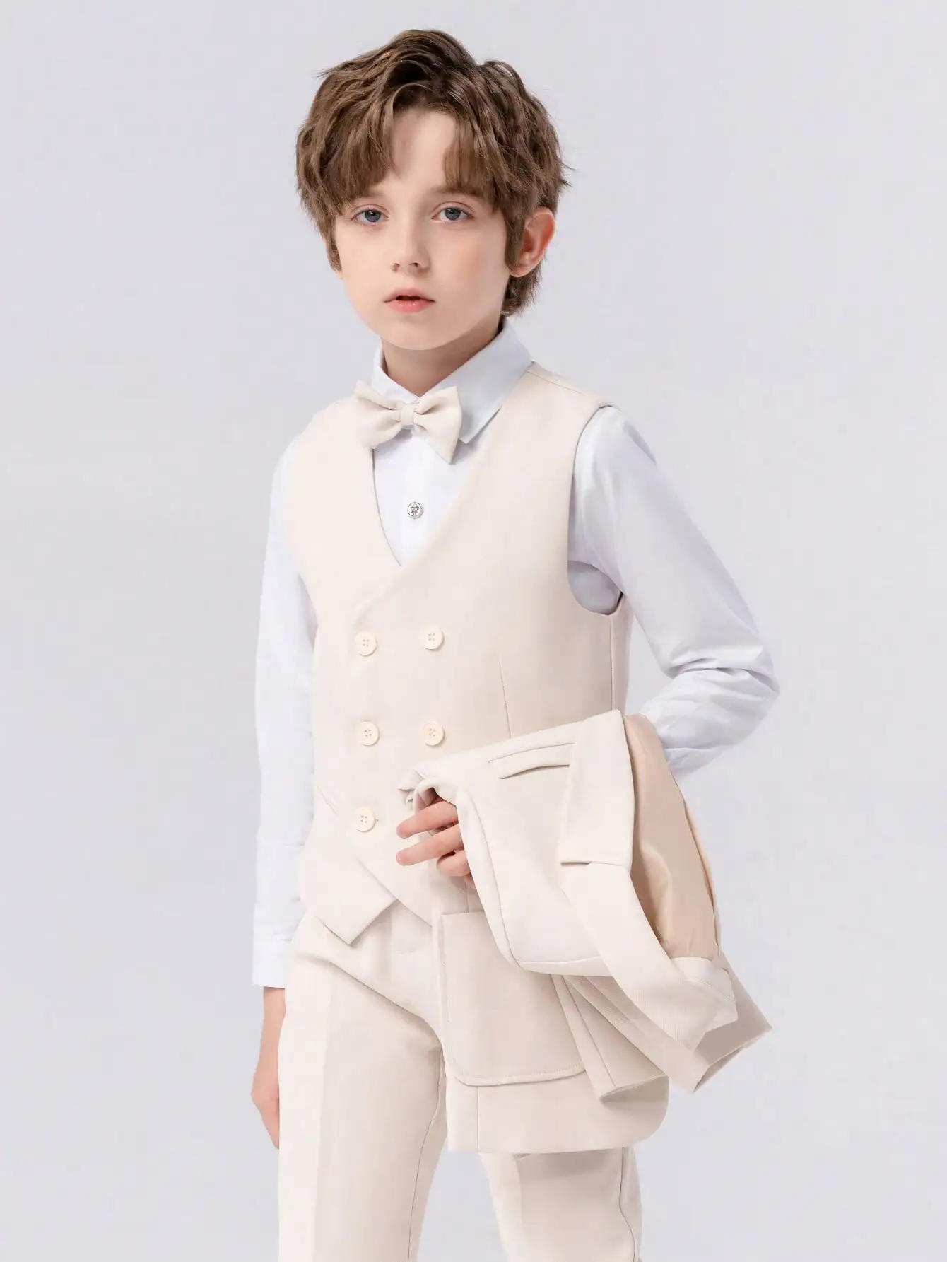

Комплект из 3 предметов: кремовый формальный костюм для мальчиков (жилет, брюки и галстук-бабочка)