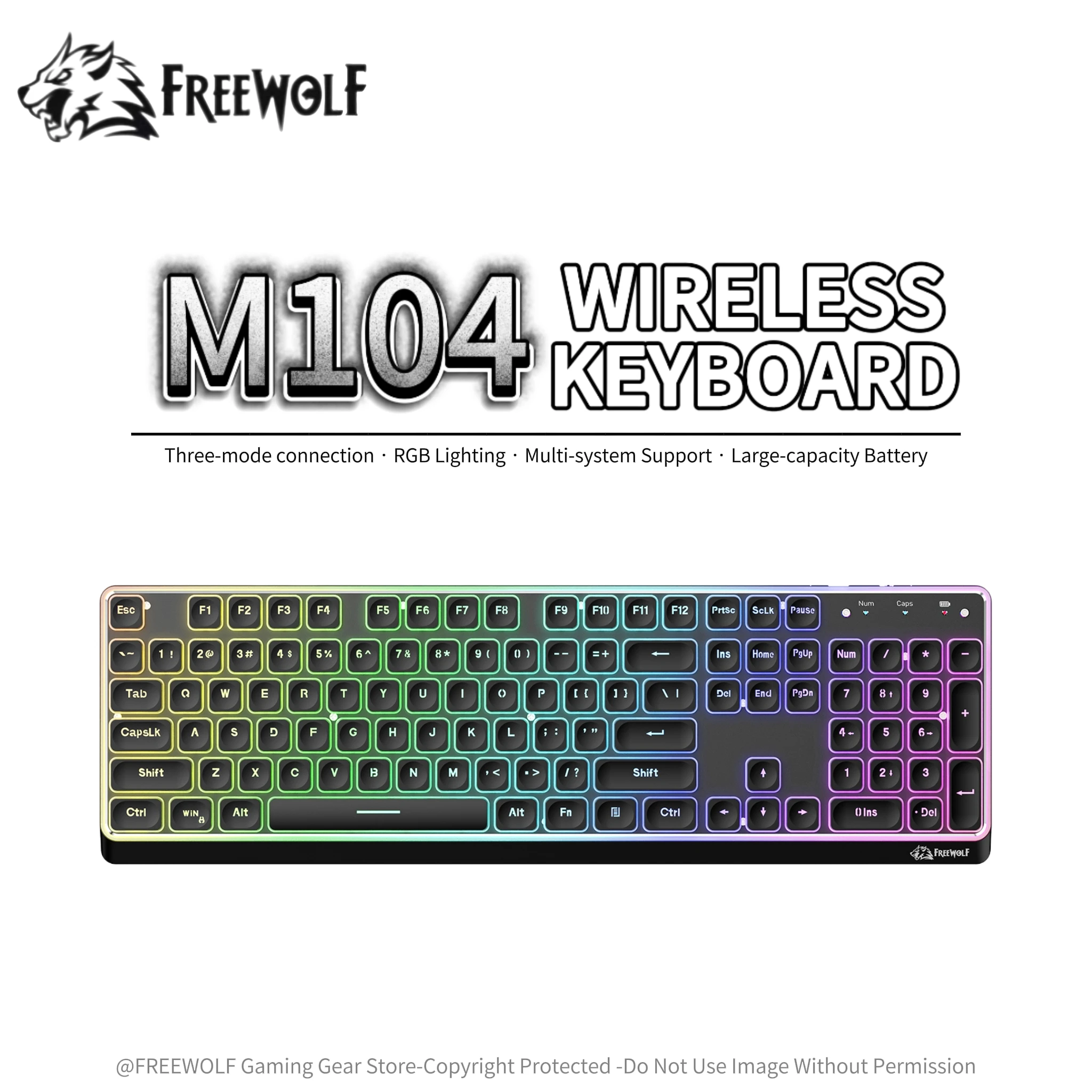 

Бесшумная клавиатура FREEWOLF M104 с RGB-подсветкой, колпачками клавиш Chocolate Water Drop, 26-клавишным дизайном без перекрестных контактов, 2.4G/BT/Type-C