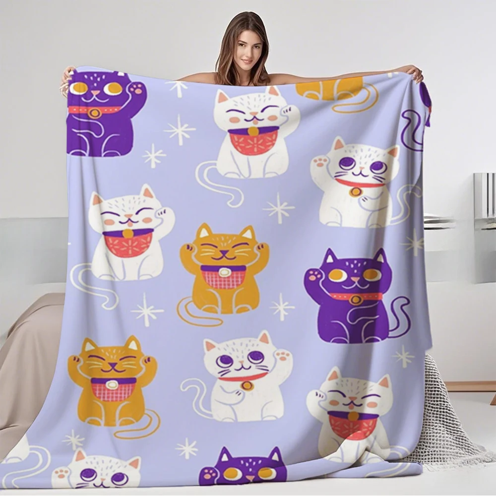 

Tropical Print Flannel Blanket Lucky Kitty Cats Maneki Hospitality Bedding Throw Blanket Wrinkle-resistant Moisture-wicking