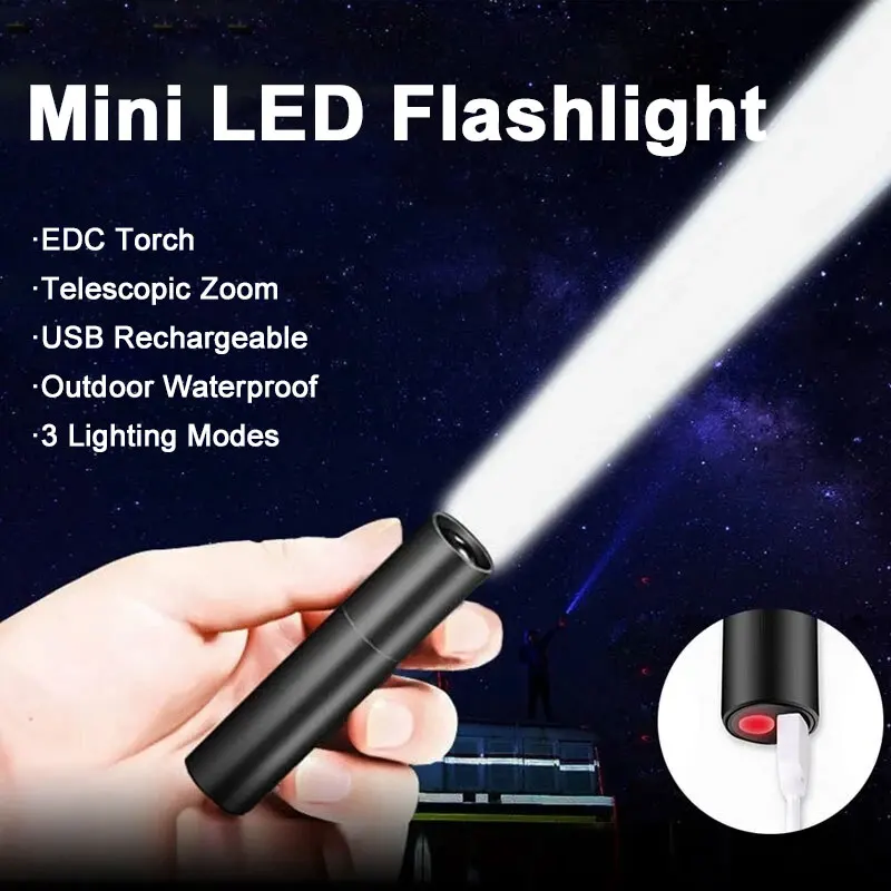 Mini lampe de poche n'aime télescopique, 3 modes d'éclairage, torche aste par USB, étanche, lampes de poche iniques, lampe torche portable extérieure