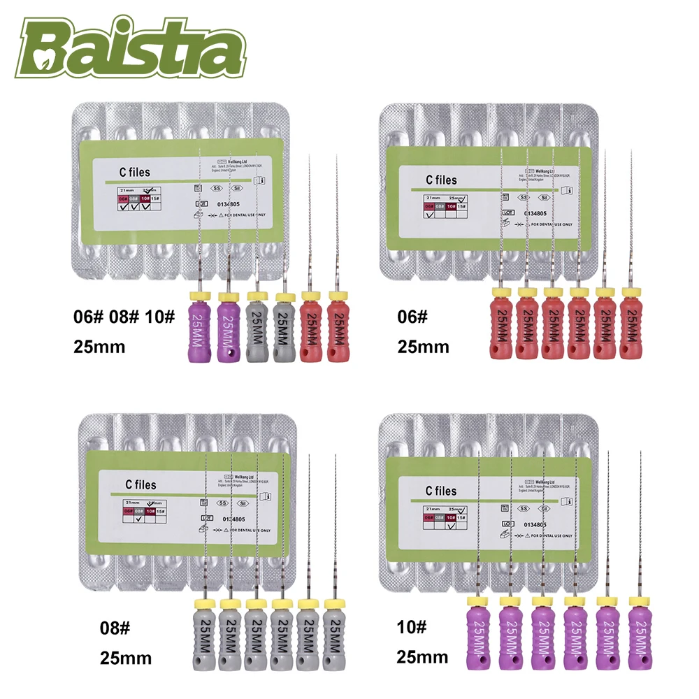 Baistra Dental Hand Use C Files Endo Root Canal 25mm #6 #8 #10 Stainless Steel Endodontics Files Dental Instrument 6pcs/pack