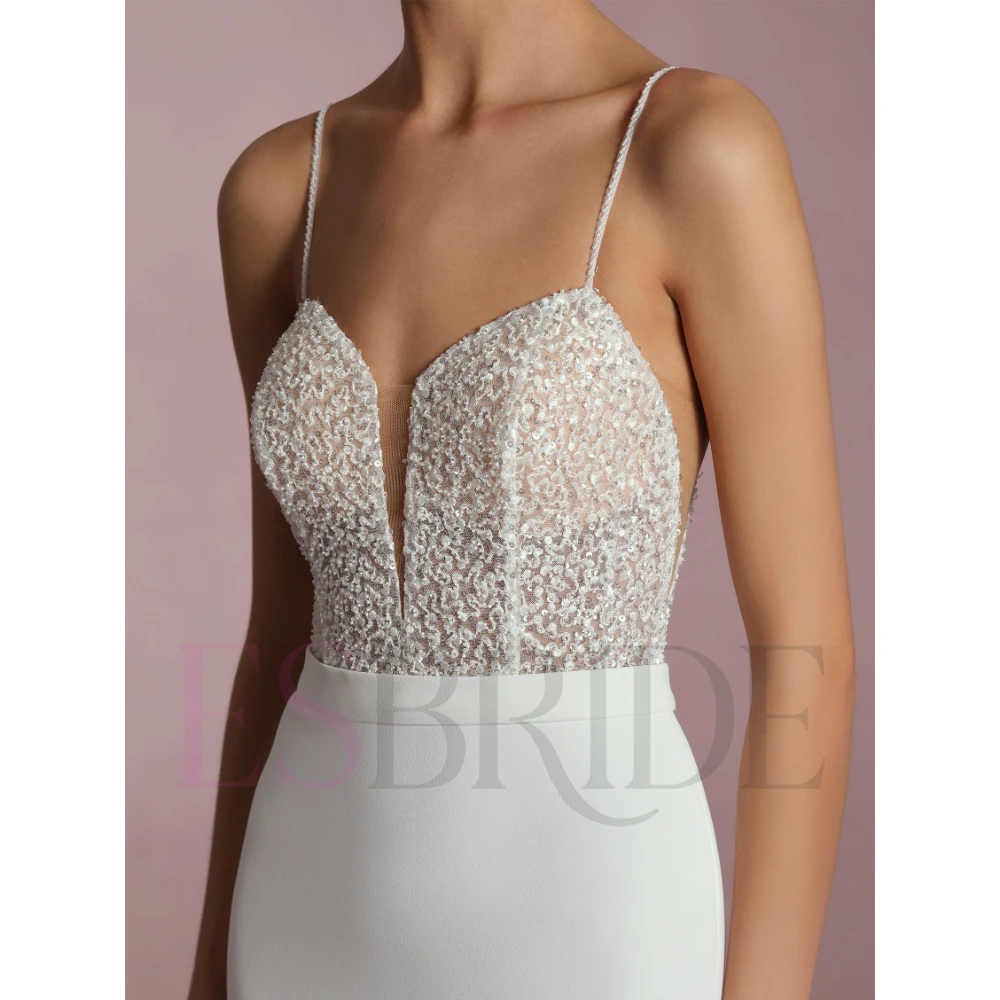 ESBRIDE Abito da sposa Bianco con scollo a cuore senza schienale senza maniche lungo fino al pavimento Abito da sposa Abito a sirena Abito bianco per matrimonio civile