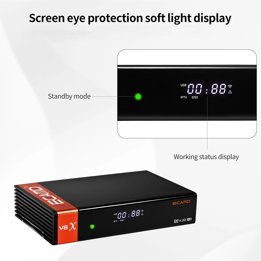 ECAMD V8X Satellite receiver DVB-S/S2/S2X, VCM/ACM/multi-stream Support Built-in 2.4G WIFI ECAM V8X Support Mars ccam Function