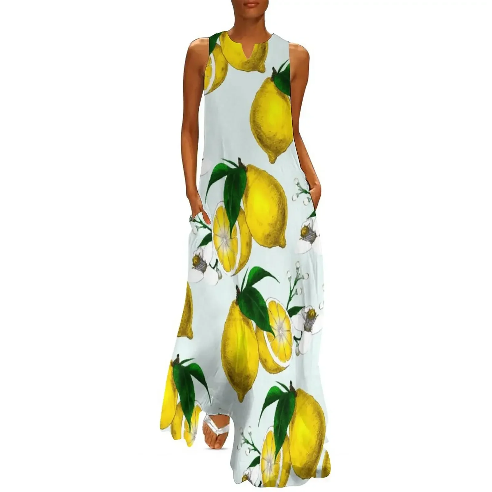 

Cute Lemon Print on Blue Background Long Dress Female clothing Dress
