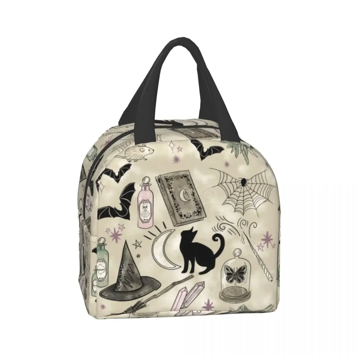 Witch Cat Pattern Thermal Insulated Lunch Bag Women Halloween Witchy Portable Lunch Box for Camping Travel Storage Food Bag