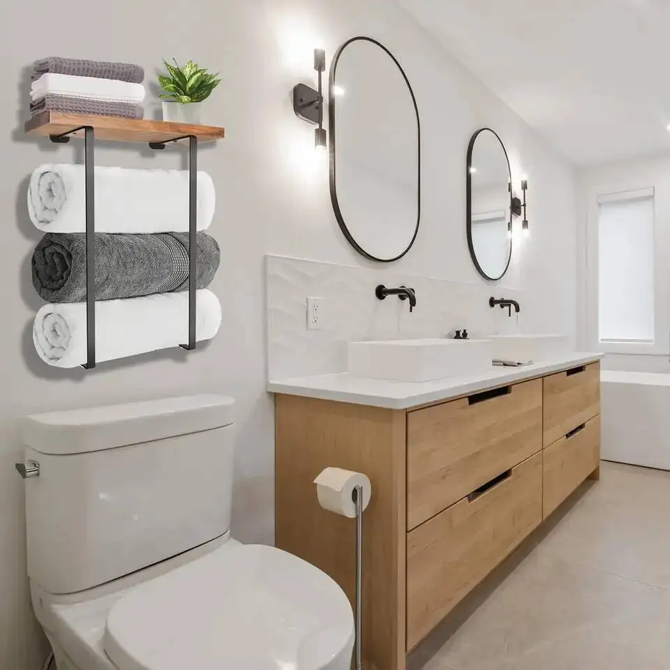 رف حمام مزدوج القطب خالٍ من اللكمات، حامل مناشف مثبت على الحائط، تصميم بسيط، منظم تخزين، ديكور الحمام #3