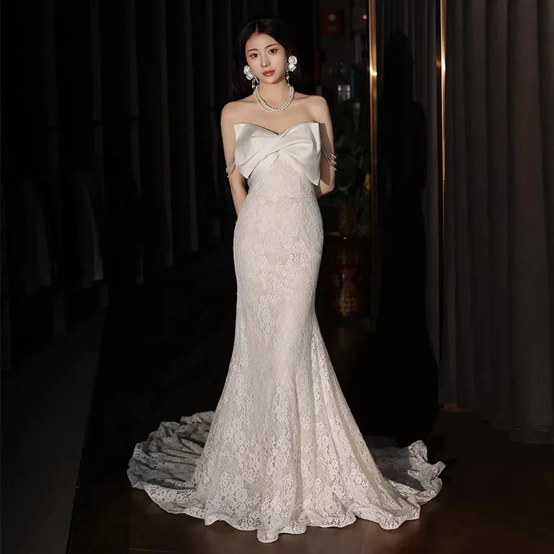 

White Bridal Wedding Dress Tailing Tailing Lace Flower Qipao Elegant Cheongsam Luxury Off Shoulder Evening Dressing Gown