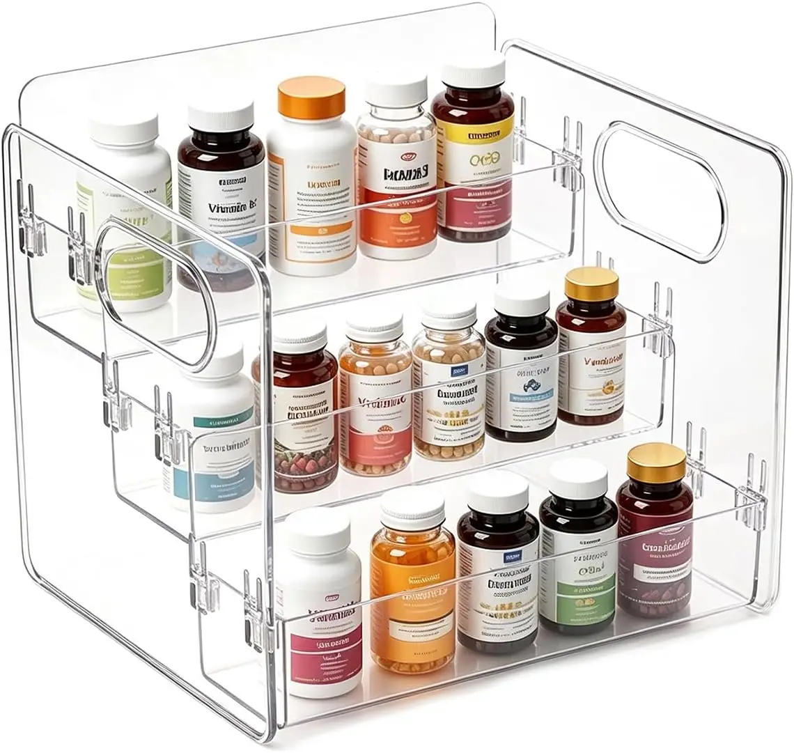 3-Tier Medicine Organizer for Cabinet, Pill Bottle Organizer for Countertop Vitamin Storage Organizer, Clear Acrylic Medicine Cabinet Organizer and Storage Bathroom Cabinet Caddy Supplement Organizer