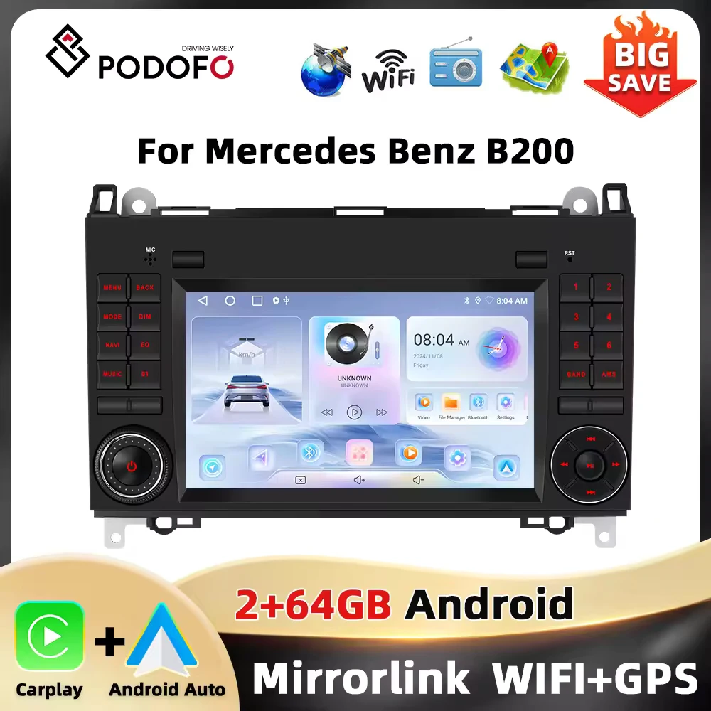 Podofo 7 ''2 + 64G autoradio pour Mercedes Benz classe B B200/W245 2004-2012 lecteur multimédia Carplay Android Auto GPS WIFI FM/RDS