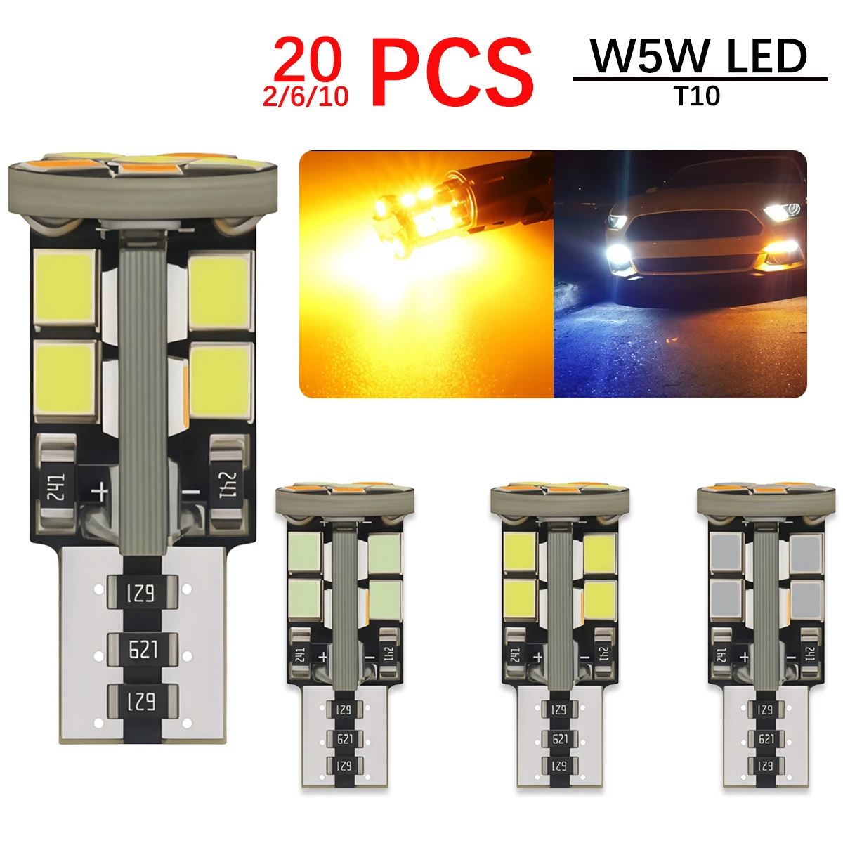 

T10 W5W LED Car Light Dual Color White Amber/White Ice Blue 194 3030 SMD Auto Interior Dome Map Side Wedge Marker Bulb Lamp
