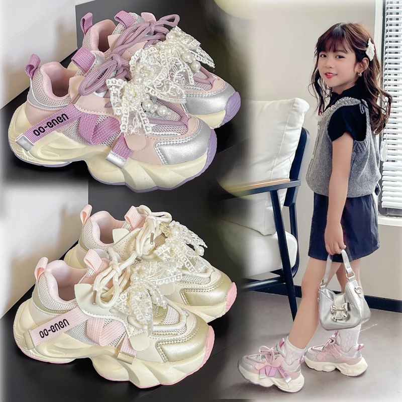

Girls' Sneakers 3-18 Years Old Pink Lace Bow Children's Running Shoes Four Seasons Purple Lightweight Non-slip Kids Casual Shoes
