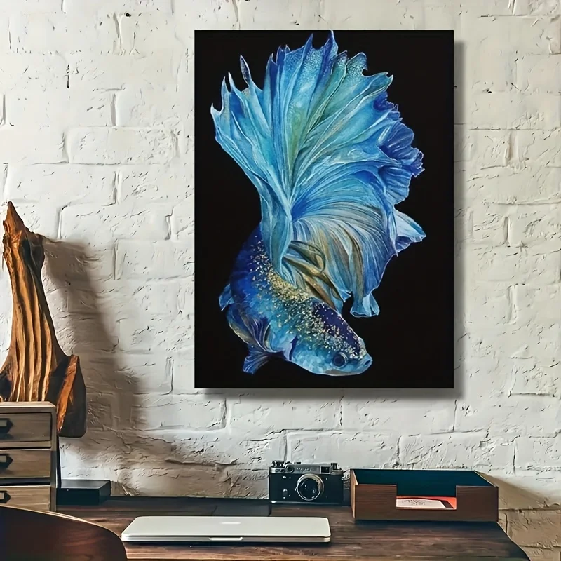 Betta Fish Canvas Print – Blue and Gold Aquatic Design, Modern Fish Portrait, Frameless 12×18 Inches, for Home Office Decor