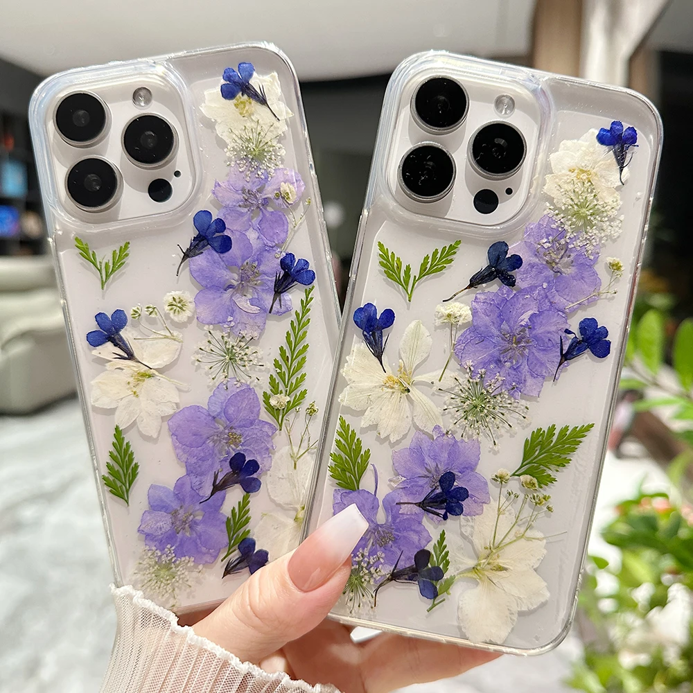 Qianliyao Real Pressed Dried Flowers Phone Case For iPhone X XS Max XR 7 8 Plus 16 15 14 13 12 11 Pro Max Case Soft Floral Cover