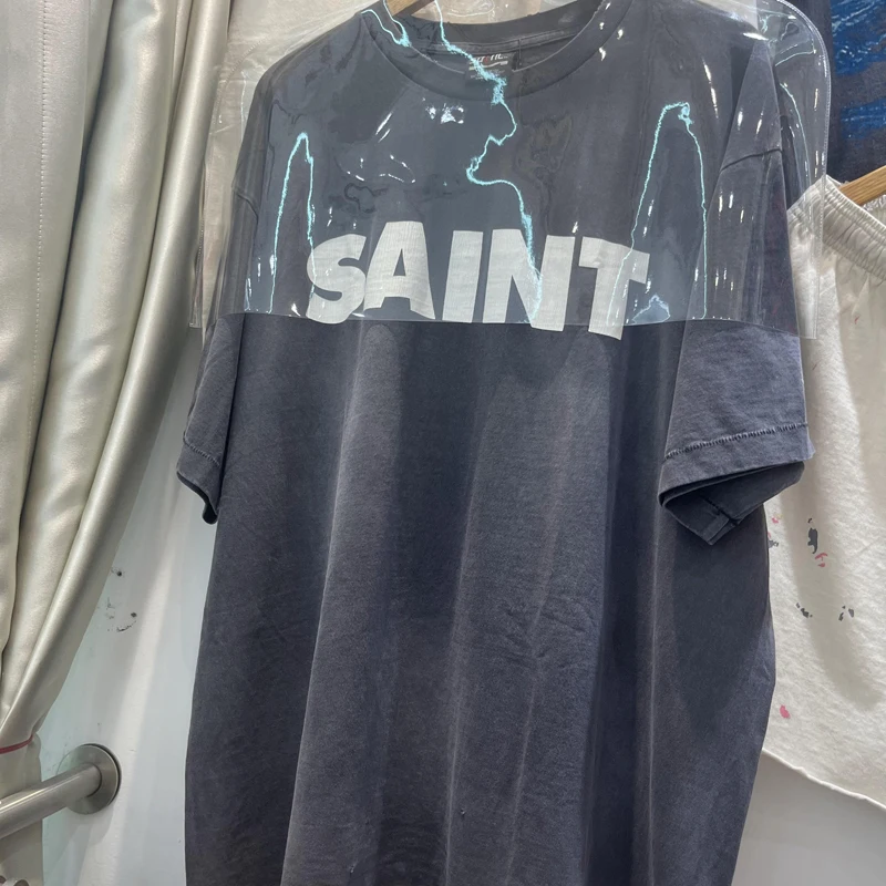 New Saint Washed Old High Street 24SS Classic Cracked Letter Short Sleeve Loose Casual High Street Breathable T-shirt