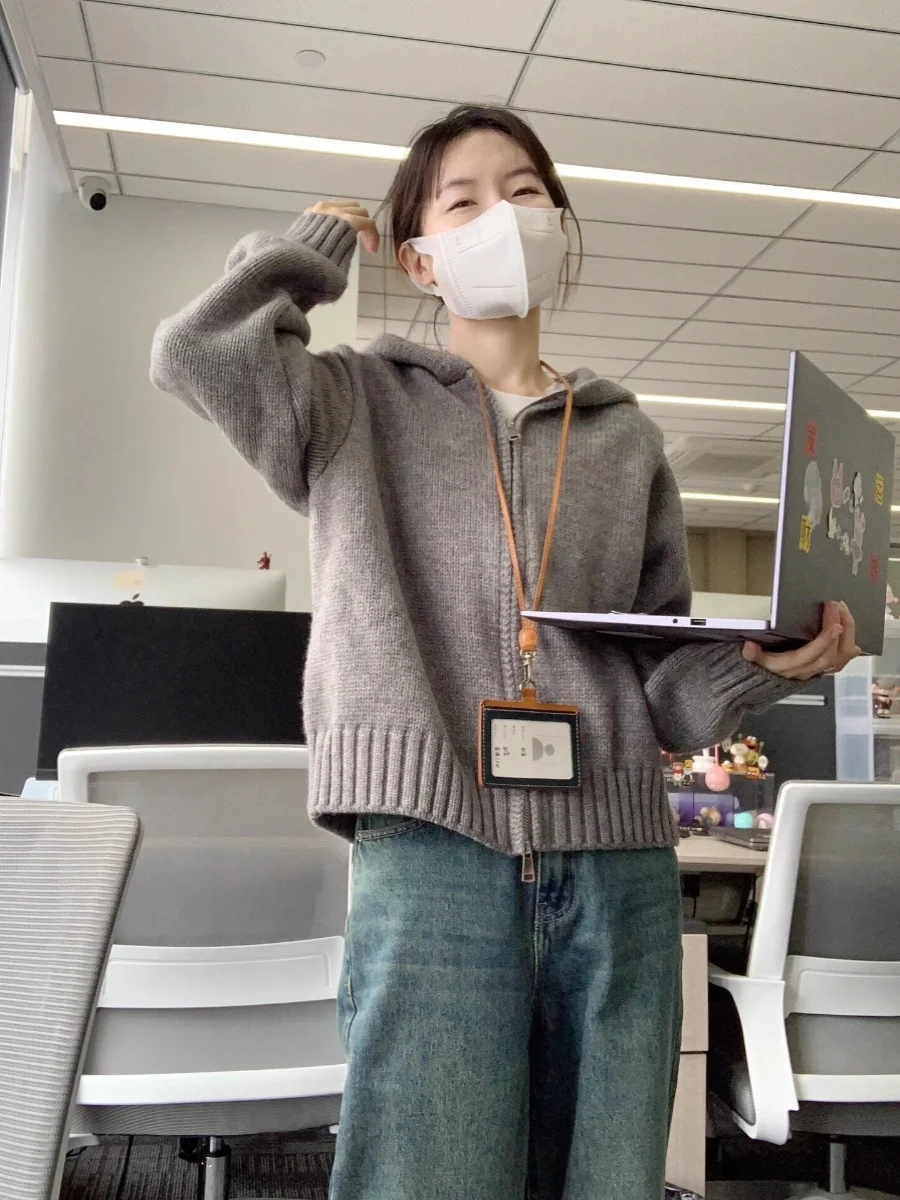 เสื้อคลุมไหมพรมแบบมีฮู้ด ซิปคู่ สไตล์เกาหลี สำหรับผู้หญิง ใส่ได้ทั้งฤดูใบไม้ผลิและฤดูใบไม้ร่วง ทรงหลวม สไตล์เรโทร ลำลอง