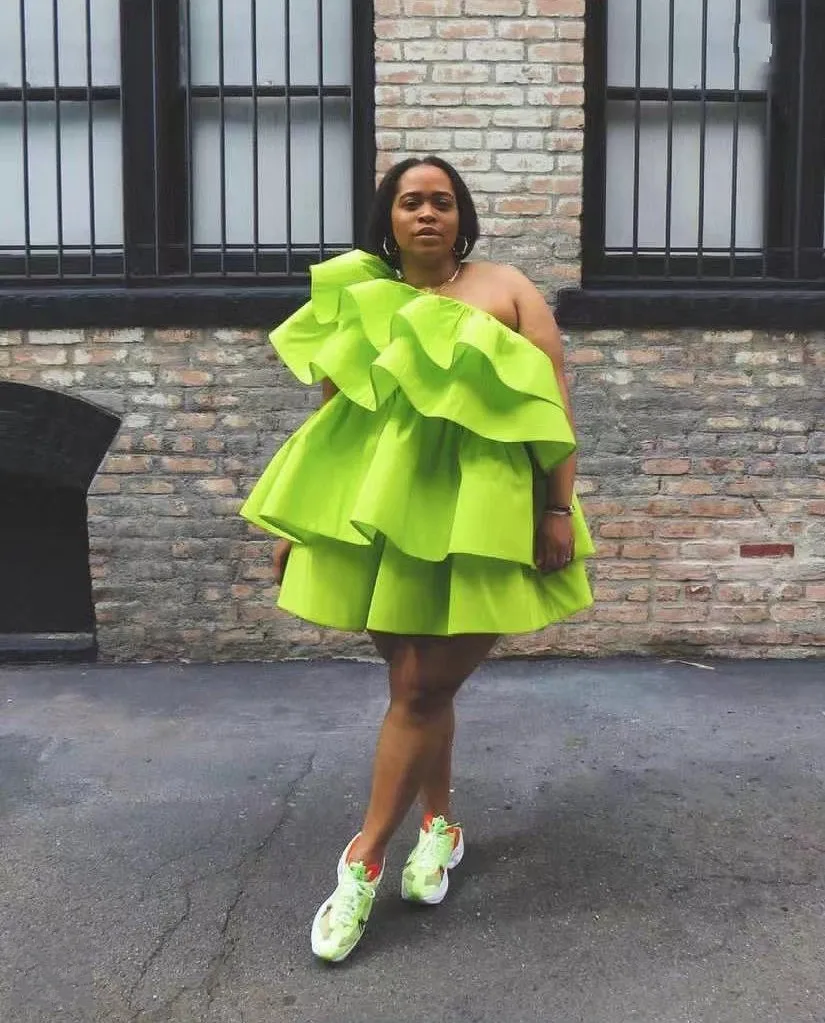 New Couture Neon Green Knee Length Women Dresses Party Handmade Layered Details One Shoulder Female Birthday Dress