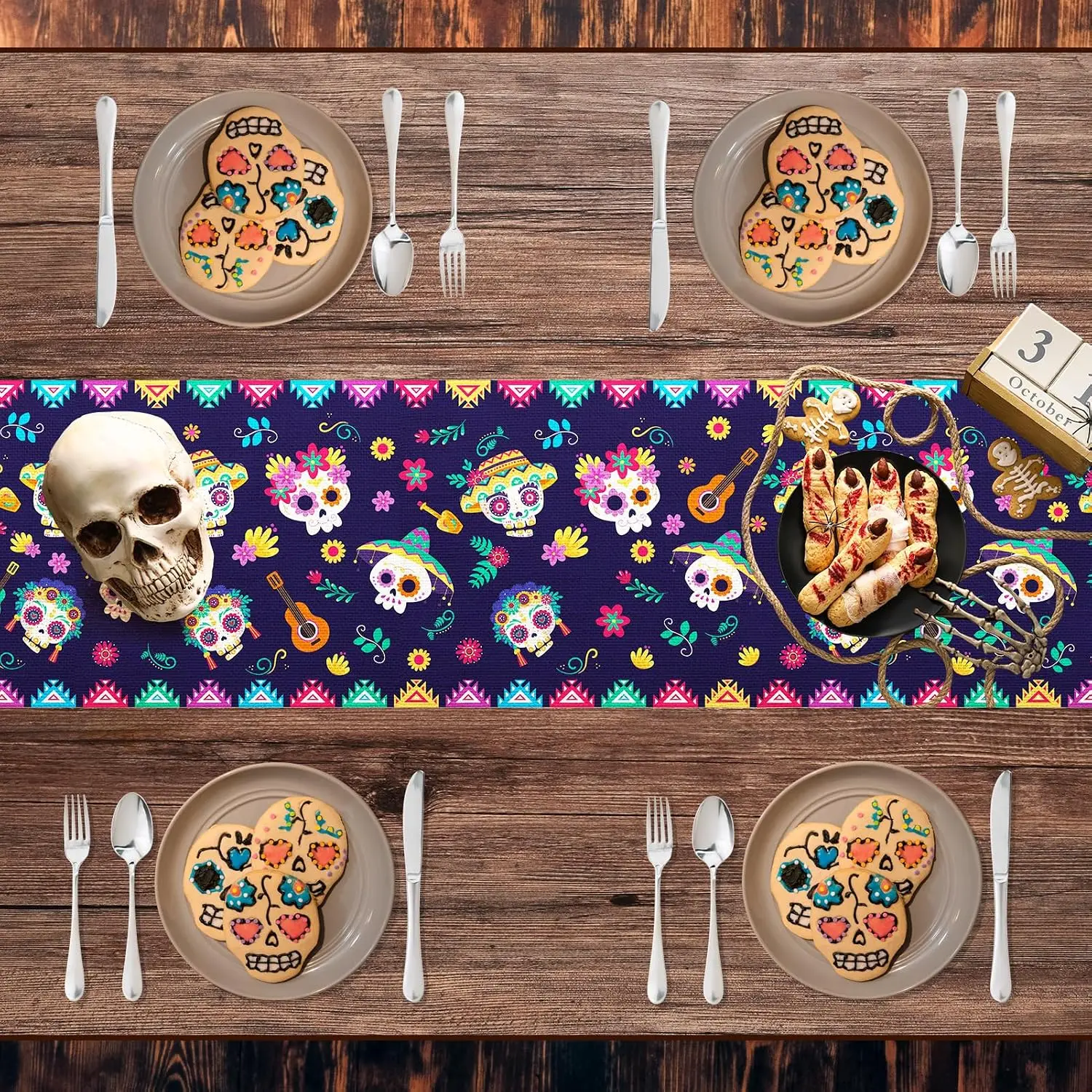 Mexican Day of The Dead Marigolds Skull Linen Table Runner Party Decor Reusable Kitchen Dining Table Runner Mexican Fiesta Decor