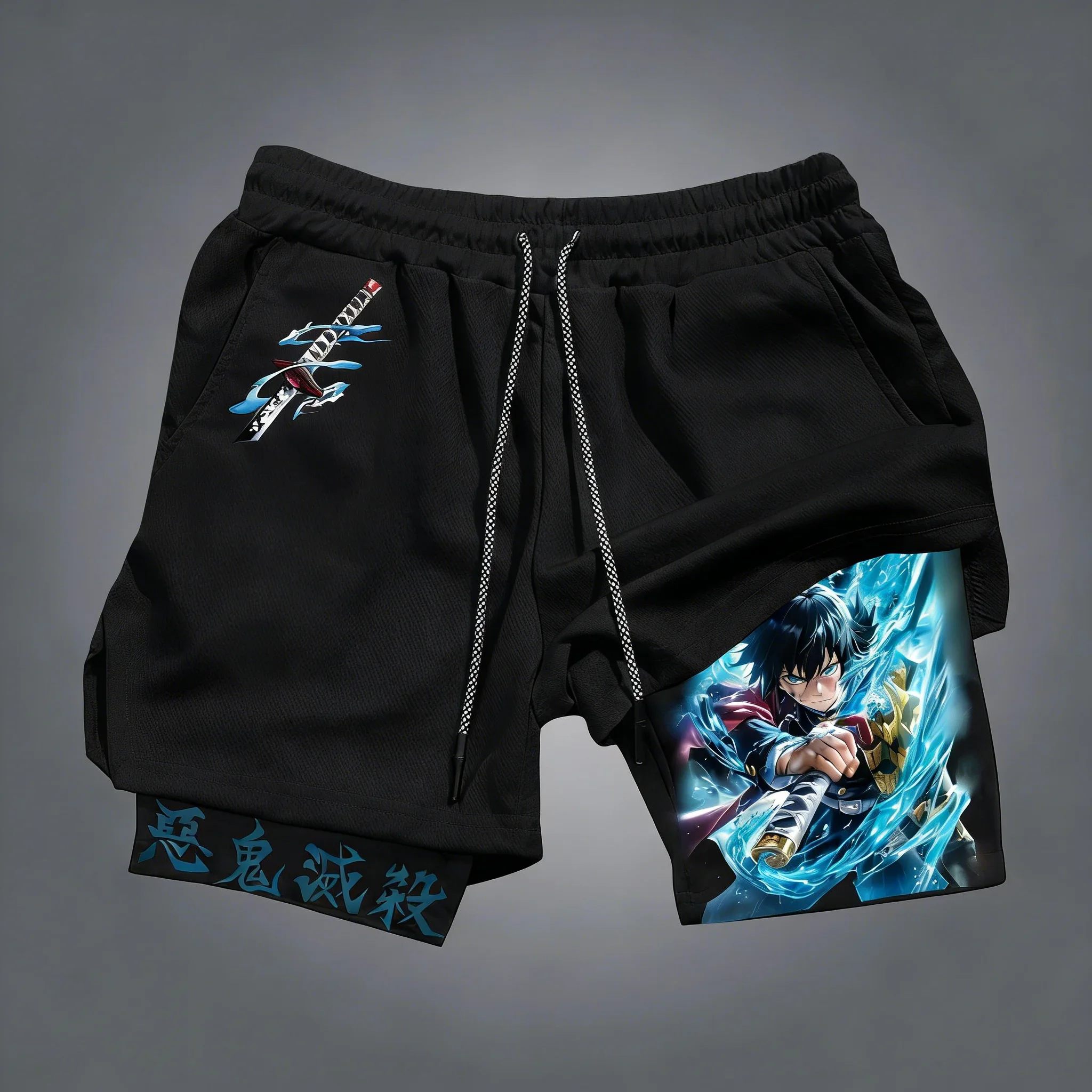 Demon Slayer Anime Tomioka Giyuu Peripheral Shorts Sommer Neue Herren-Sport-Fitness-Shorts, schnell trocknend, atmungsaktiv, 2-in-1-Shorts