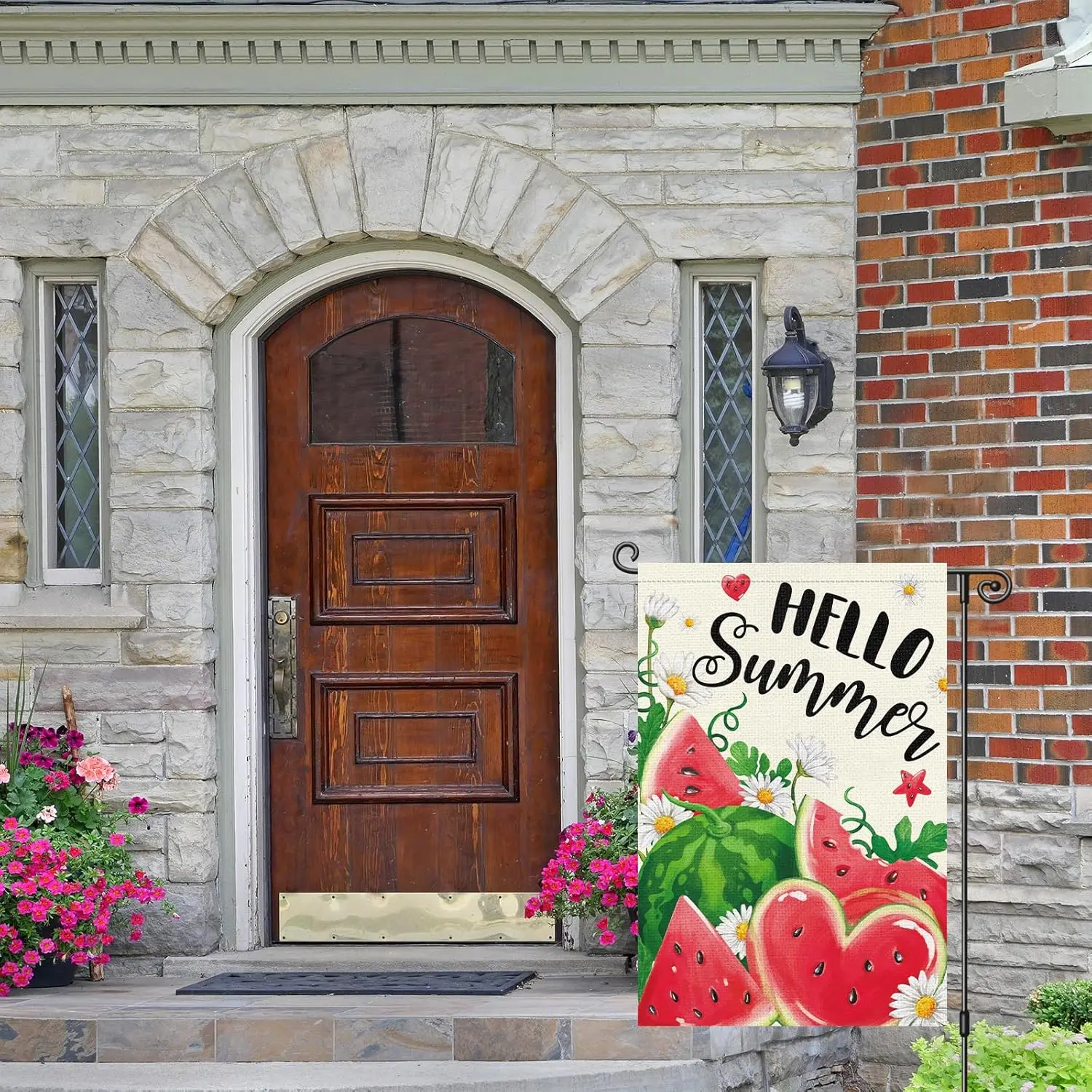 Louise Maelys Hello Summer Garden Flag Watermelon Heart Welcome Floral 12x18 Inch Double Sided Small Burlap Holiday Yard Out ZZU