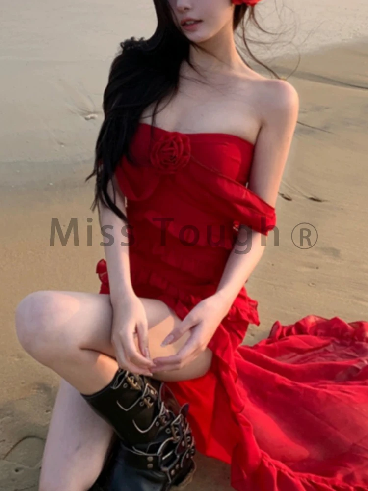 Pure Desire Sexy Strap Sweet Dresses Women Korean Fashion Hot Chick Red Designer Fairy Dress Female Y2K Strapless Dress 2024 New