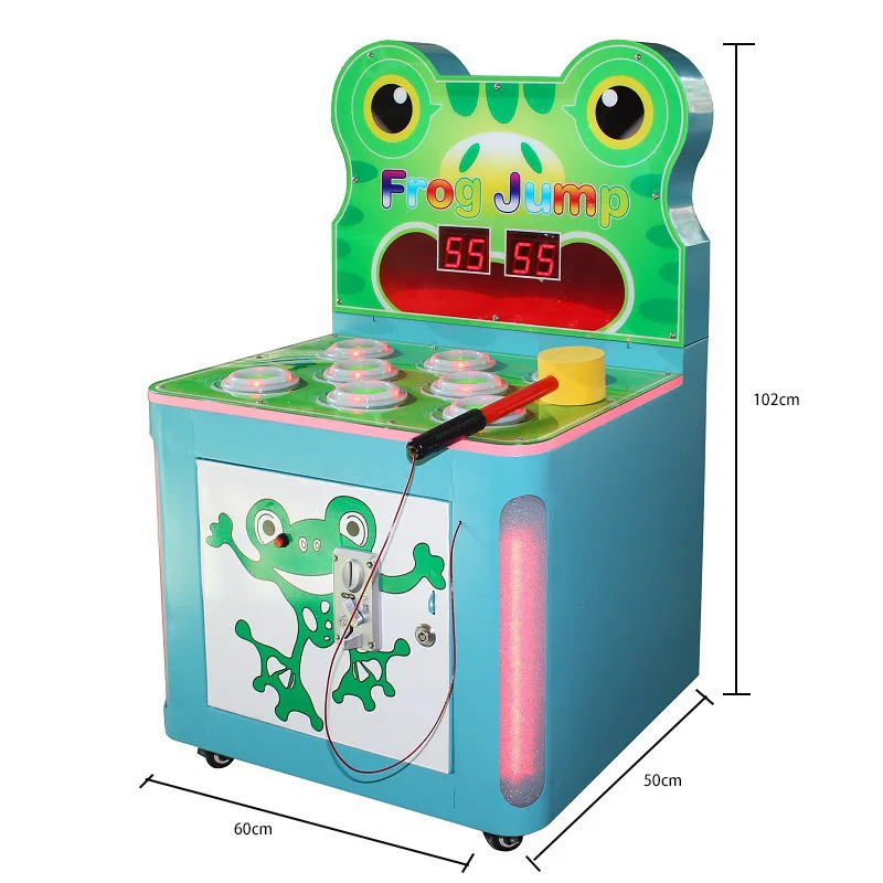 Frog equips crocodile to play arcade hammer machine