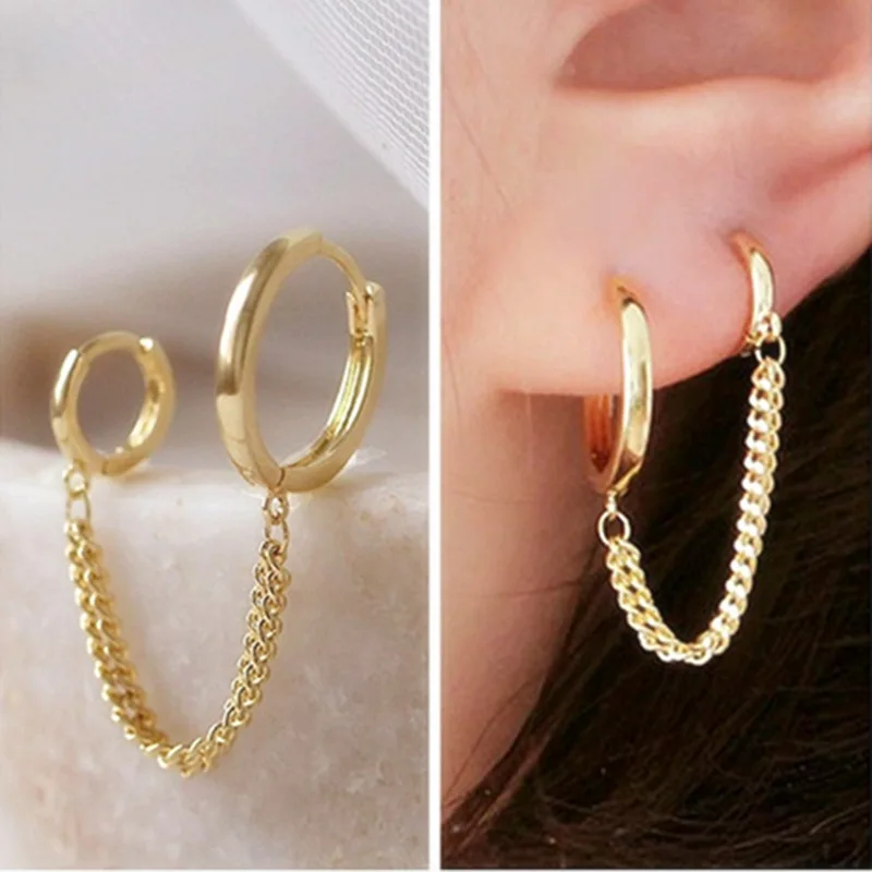Fashion Double Ear Hole Piercing Hoop Earrings For Women Smooth Simple Zircon Chain Connected Tassel Ear Buckle Party Jewelry