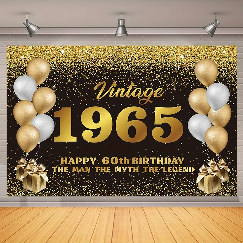 1 Vintage-Geburtstagsbanner aus 1965 – Partyhintergrund „Happy 60th Birthday“ mit schwarzem und goldenem Glitzer, Geburtstagsparty-Dekoration