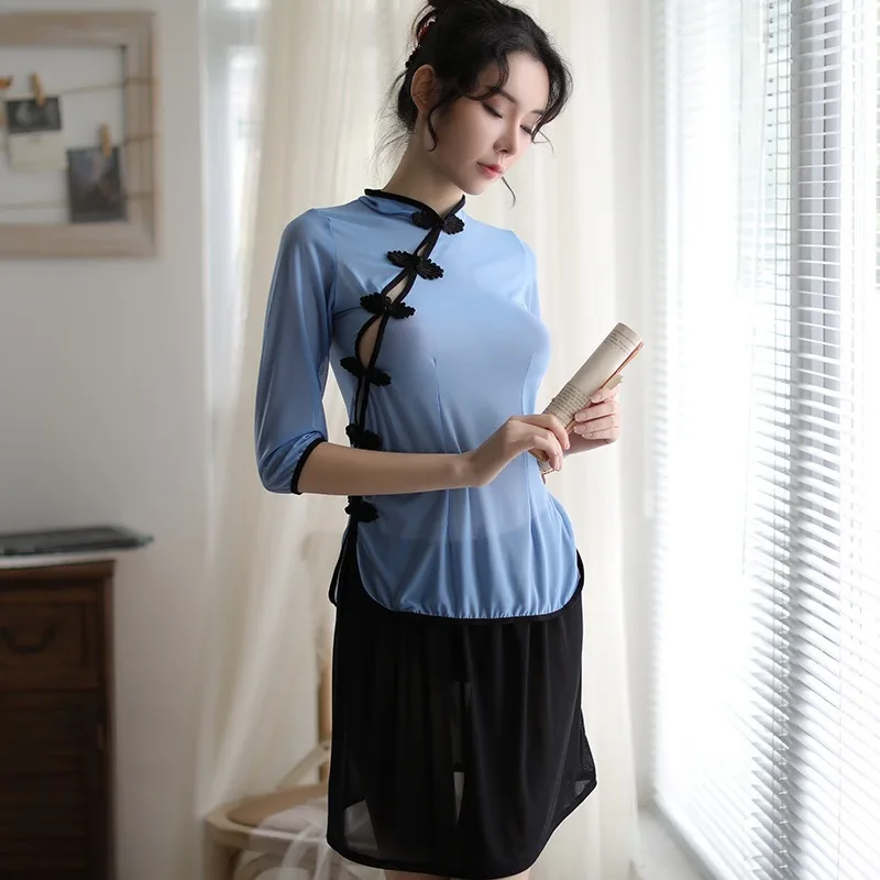 

Sexy Sleepwear Woman Nightgown See-through Side-opening Uniform 1920s-style Cheongsam Sexy Cheongsam Night Gown