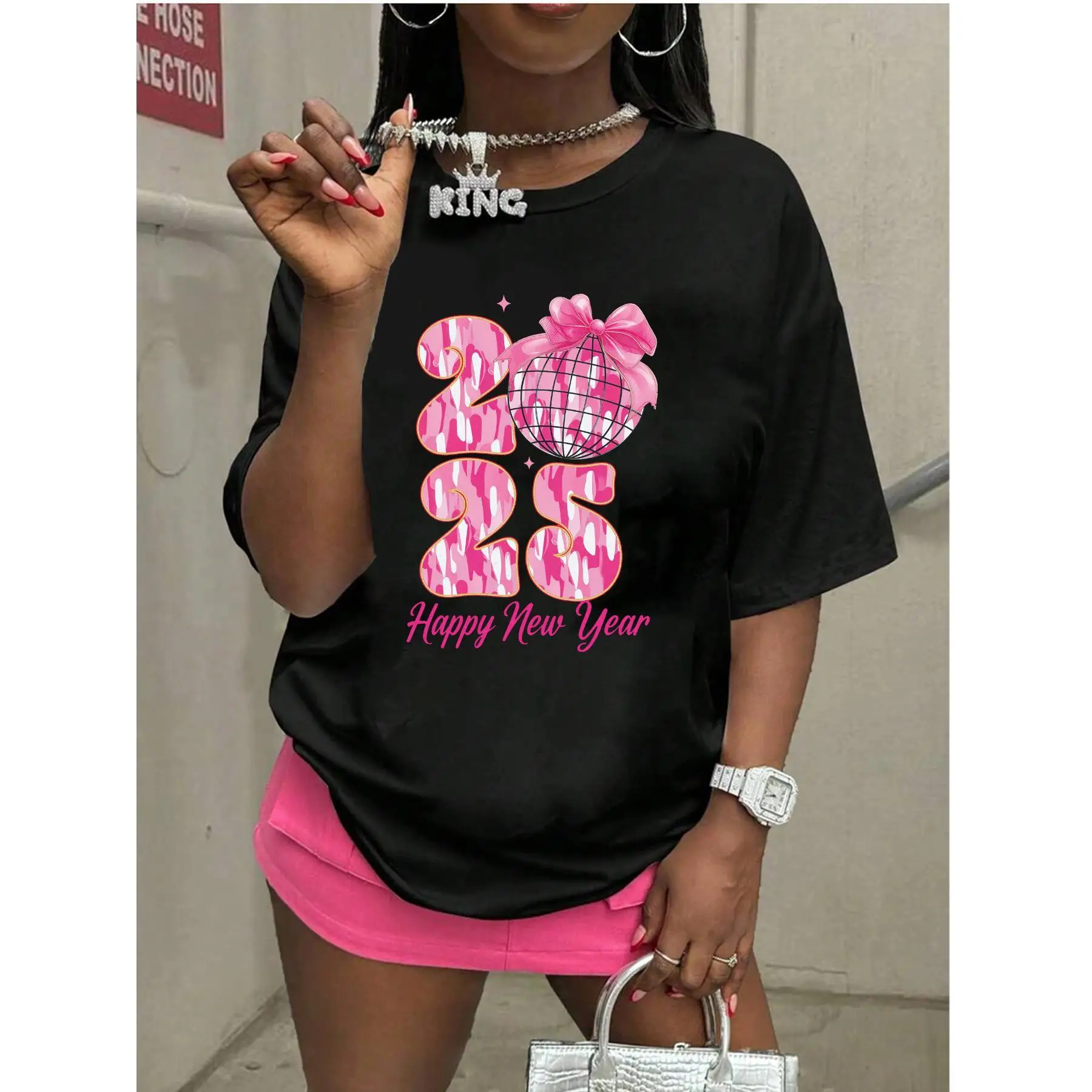 

Women's Happy New Year 2025 T-Shirt | Disco Ball Pink Camo Graphic Tee | New Year's Eve Party Celebration Gift Top