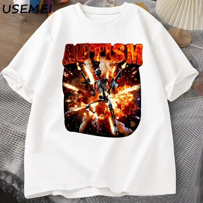 Autista engraçado esqueleto t camisa das mulheres dos homens autismo afiado esqueleto meme camiseta casual algodão manga curta tshirt em torno do