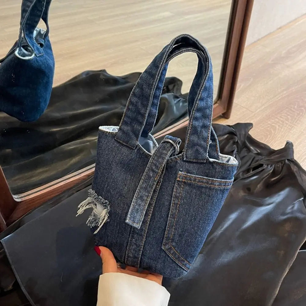 Casual Large Capacity Denim Bucket Bag Phone Pockets Handbag Tote Bag With Hole Shoulder Bag Canvas Lunch Bag Outdoor