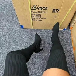 New Woman Over The Knee Boots Winter Thigh Knitted Elastic Socks Shoe Warm Sexy Stilettos Heels Pointed Long Boots 35-43